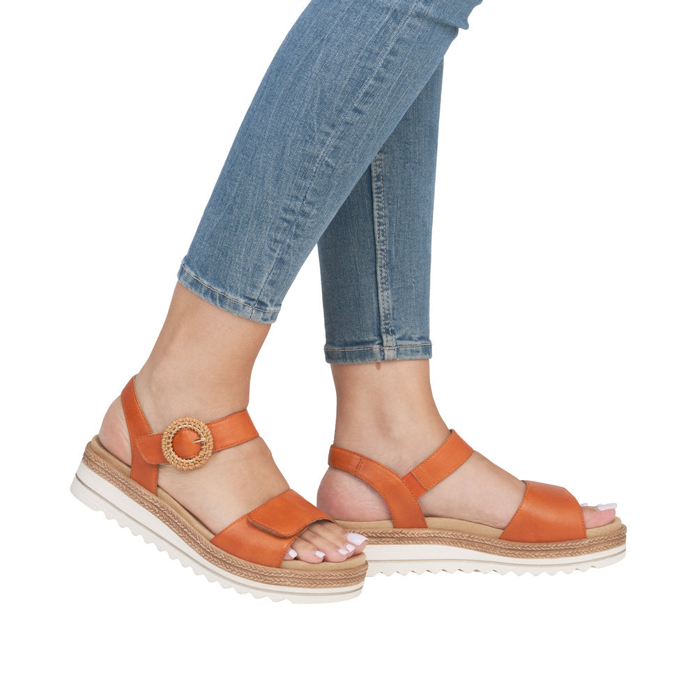 Remonte D0Q52-39 ladies pumpkin orange leather sandals with touch fastenings, stylish and comfortable summer footwear.