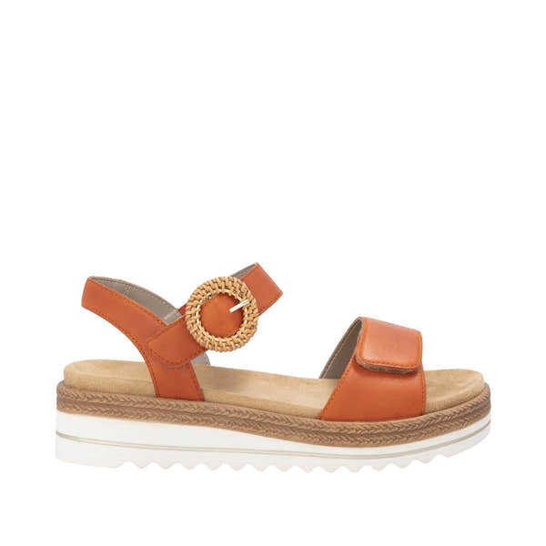 Remonte D0Q52-39 women's pumpkin orange leather sandals with touch fastening strap and woven buckle, cushioned sole, stylish summer footwear.
