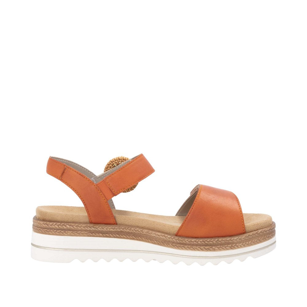 Remonte D0Q52-39 women's pumpkin orange leather touch fastening sandals with cushioned footbed and braided sole detail.