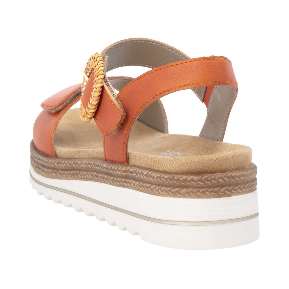 Remonte D0Q52-39 ladies pumpkin orange leather touch fastening sandals with cushioned insole and platform wedge sole.