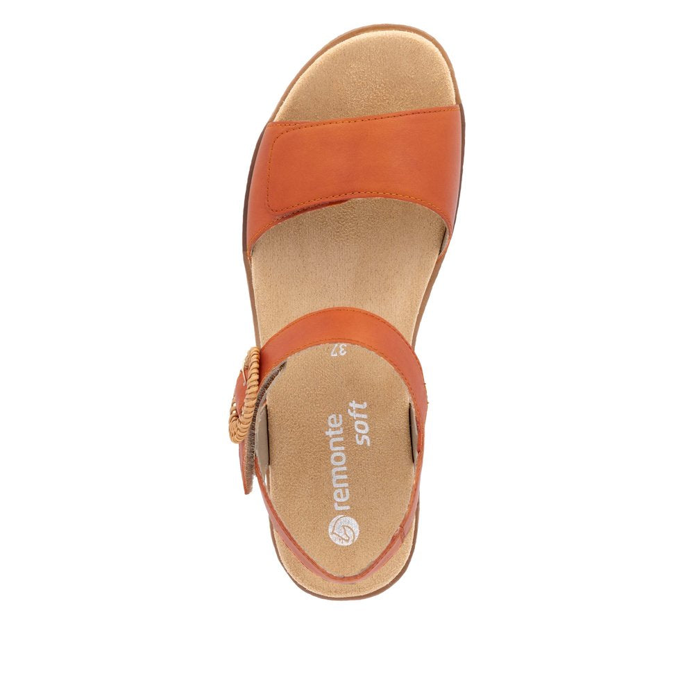 Remonte D0Q52-39 women's pumpkin orange leather sandals with touch fastening and cushioned soft insole.