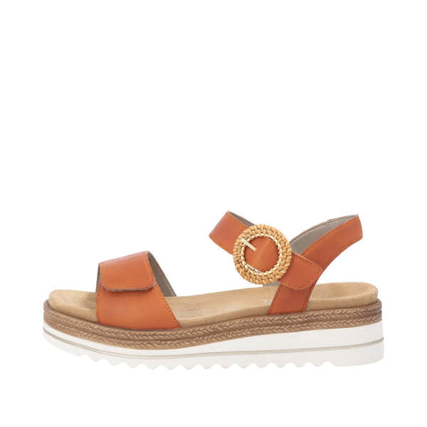 Remonte D0Q52-39 women's pumpkin orange leather sandals with touch fastening, cork detail, and cushioned sole.