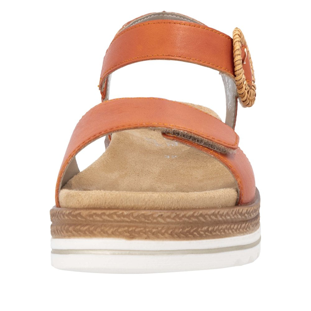 Remonte D0Q52-39 women's pumpkin orange leather sandals with touch fastening, cushioned beige insole, and woven buckle detail.