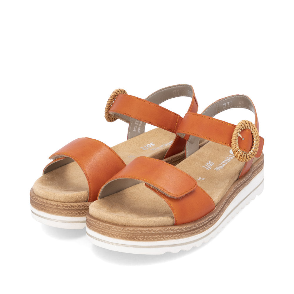 Remonte D0Q52-39 women's pumpkin orange leather touch-fastening chunky sandals with braided circular buckle and cushioned insole.