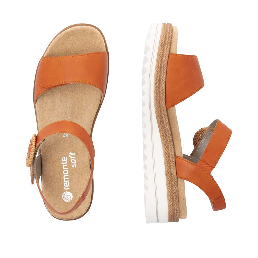 Remonte D0Q52-39 Ladies Pumpkin Orange Leather Touch Fastening Sandals with cushioned insole and white rubber sole.