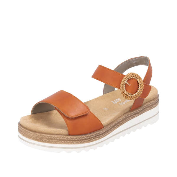 Remonte D0Q52-39 women's pumpkin orange leather sandals with touch fastening straps and cushioned beige insole.