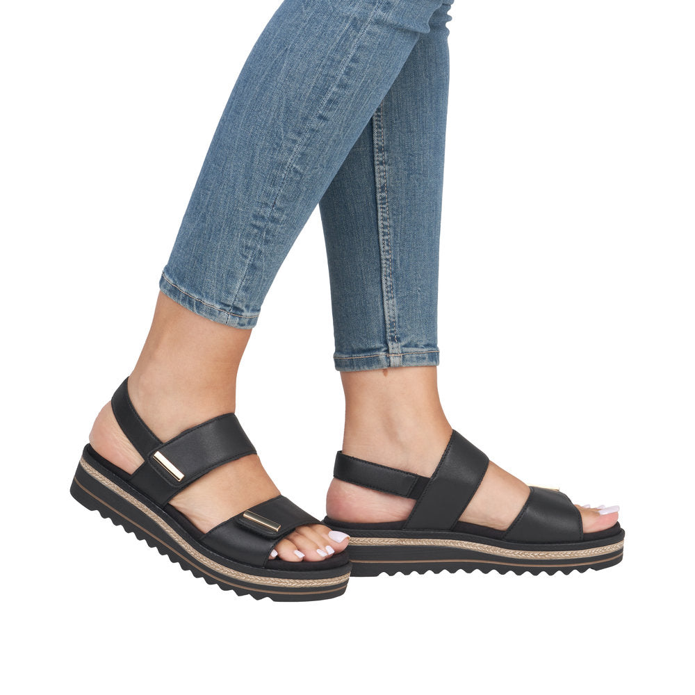 Remonte D0Q59-00 women's black leather touch fastening sandals with chunky sole and strap design.