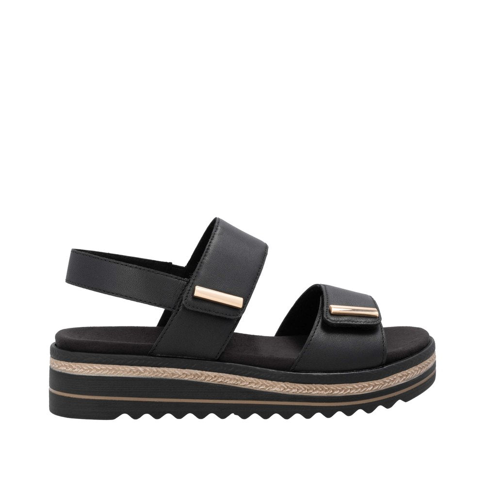 Remonte D0Q59-00 women's black leather touch fastening sandals with thick sole and metallic accents.