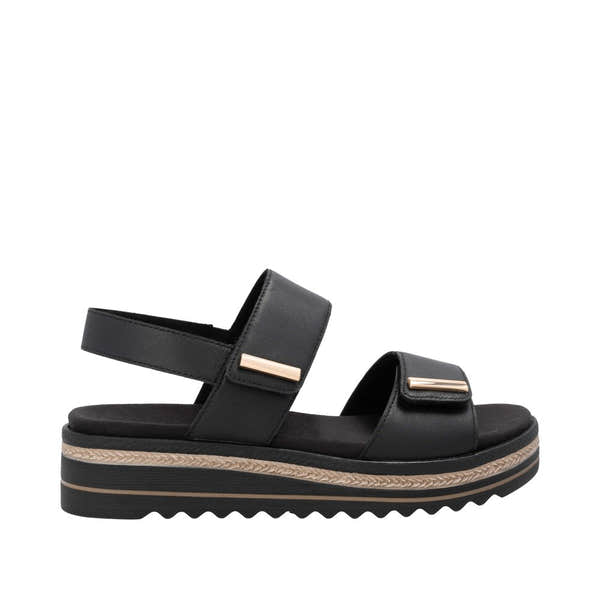 Remonte D0Q59-00 women's black leather touch fastening sandals with thick sole and metallic accents.
