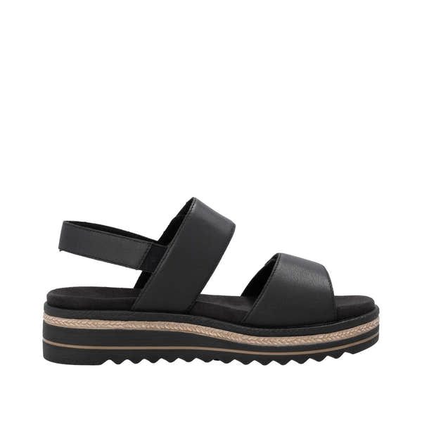 Remonte Ladies Black Leather Touch Fastening Sandals with cushioned sole and chunky wedge heel.