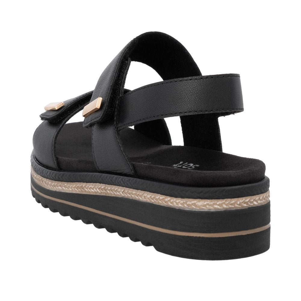 Remonte D0Q59-00 women's black leather touch-fastening platform sandals with cushioned sole and chunky espadrille-style midsole.