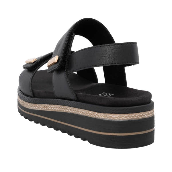 Remonte D0Q59-00 women's black leather touch-fastening platform sandals with cushioned sole and chunky espadrille-style midsole.