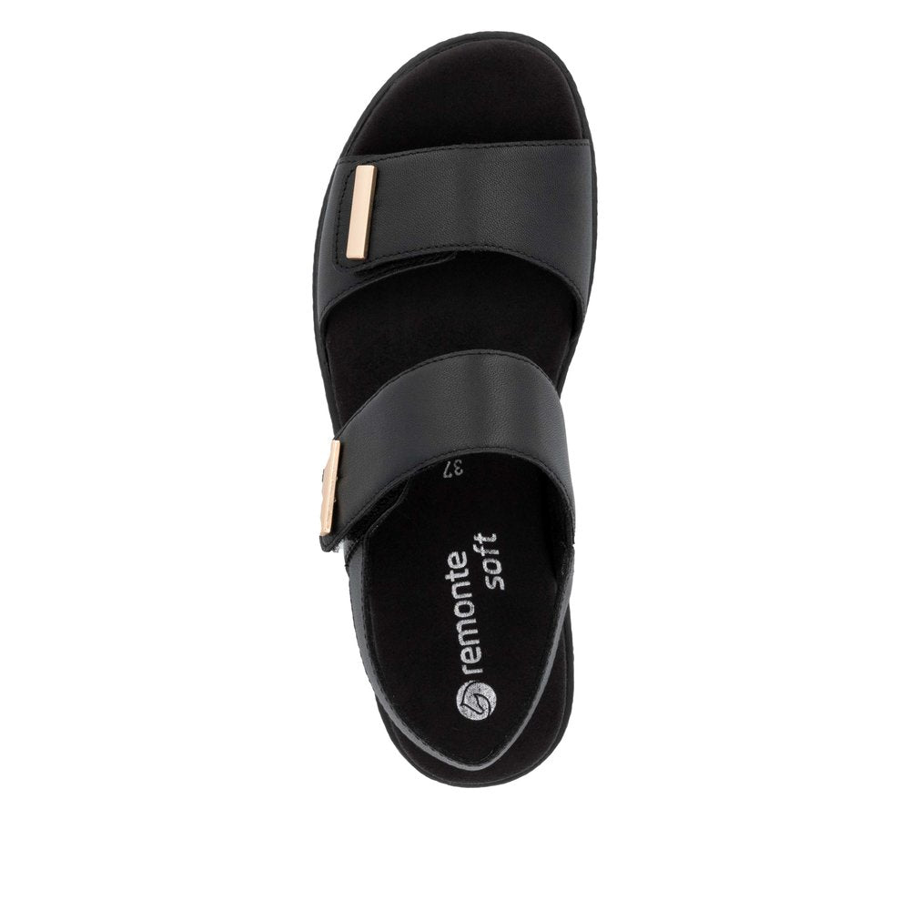 Remonte women's black leather touch fastening sandals with adjustable straps and gold-tone embellishments.