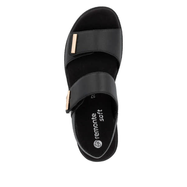 Remonte women's black leather touch fastening sandals with adjustable straps and gold-tone embellishments.