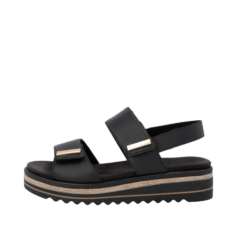 Remonte D0Q59-00 women's black leather touch fastening sandals with padded sole and chunky striped platform outsole.