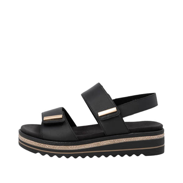 Remonte D0Q59-00 women's black leather touch fastening sandals with padded sole and chunky striped platform outsole.