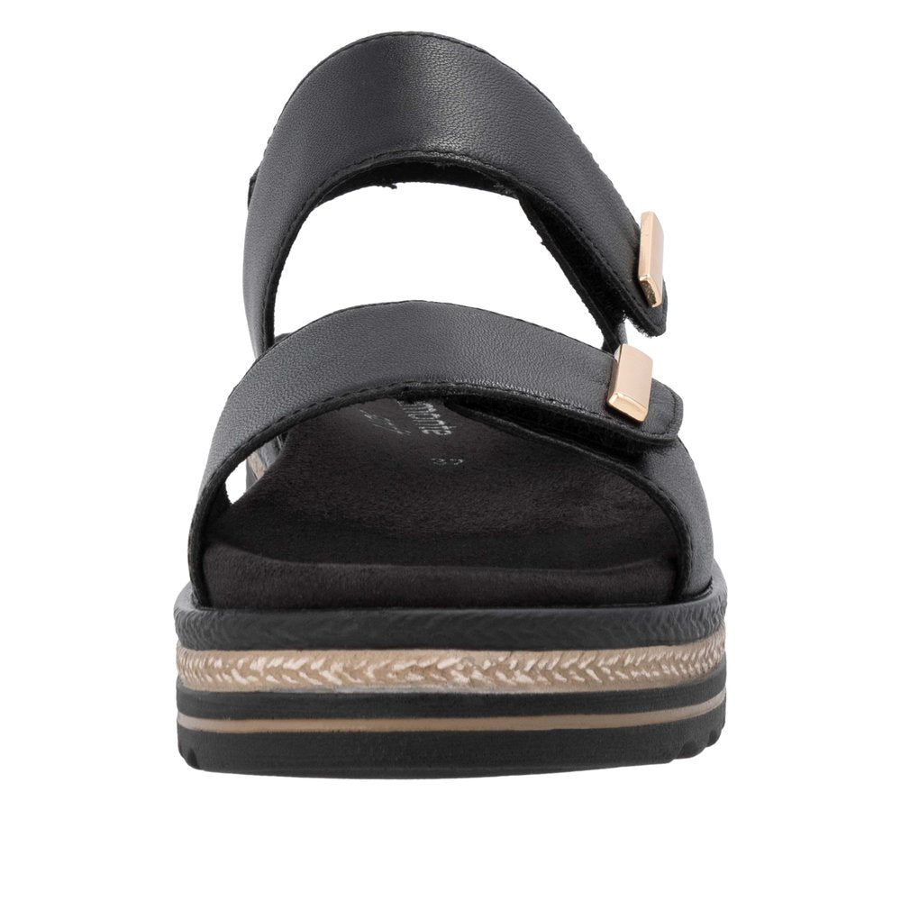 Remonte D0Q59-00 ladies black leather touch fastening sandals with two straps and cushioned sole.