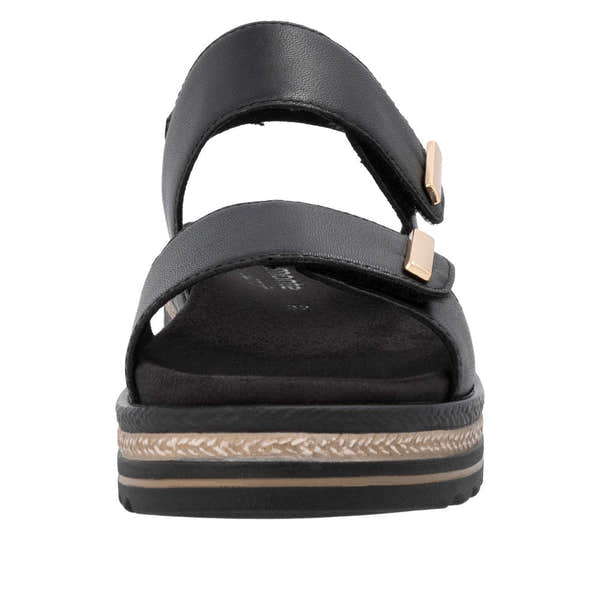Remonte D0Q59-00 ladies black leather touch fastening sandals with two straps and cushioned sole.
