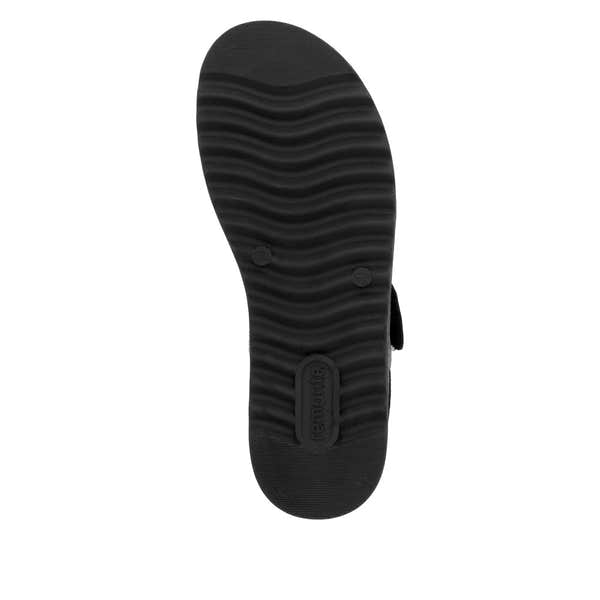 Remonte Ladies Black Leather Touch Fastening Sandals with cushioned sole and wavy patterned rubber outsole.