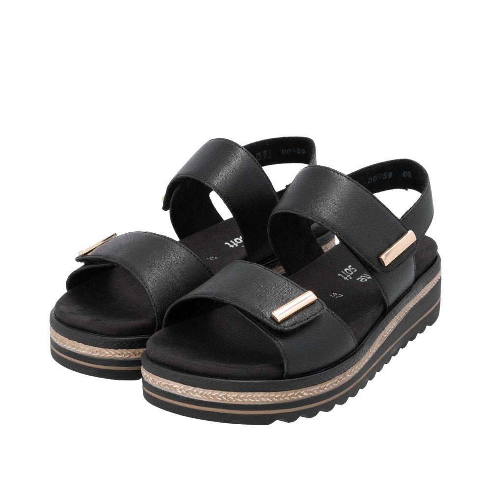 Black leather women's sandals with touch fastening straps and chunky sole.