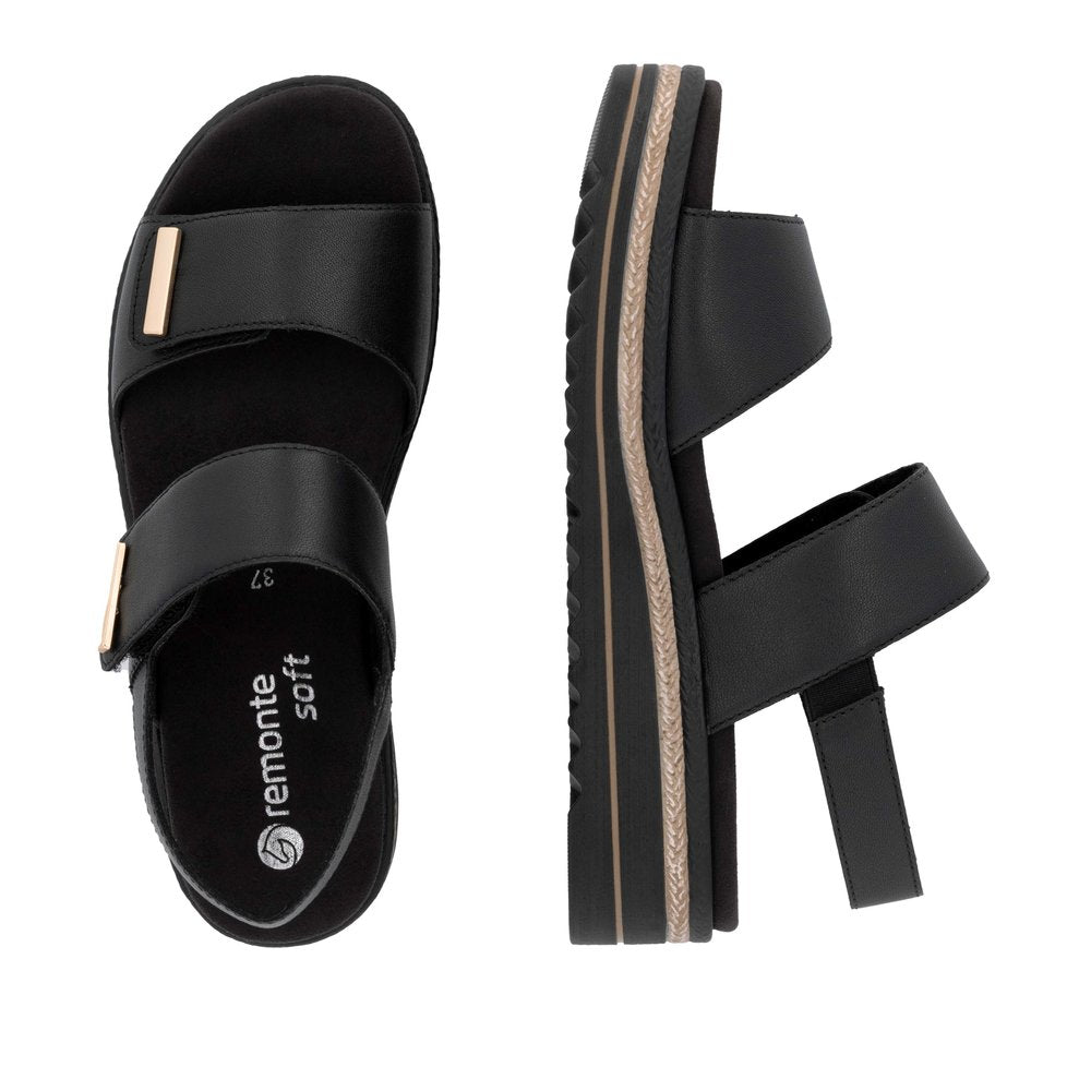 Remonte D0Q59-00 women's black leather touch fastening sandals with straps and chunky sole, comfortable and stylish footwear.