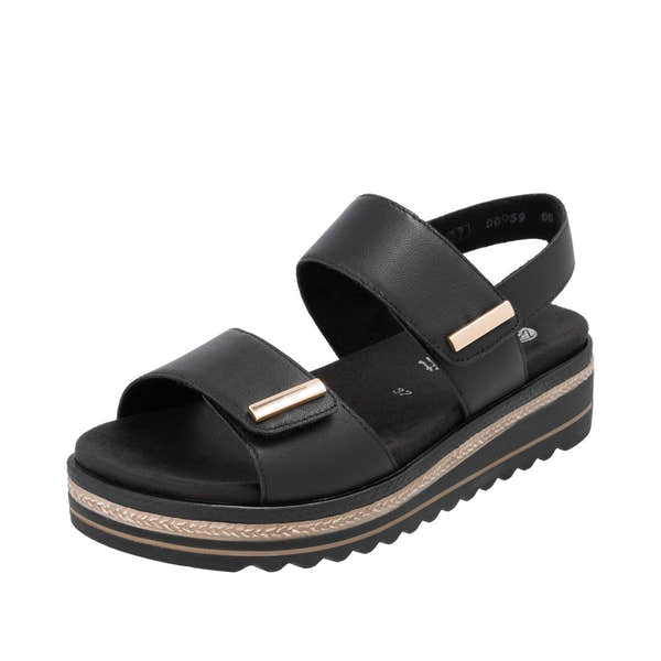 Remonte D0Q59-00 women's black leather touch-fastening platform sandals with adjustable straps and chunky sole.