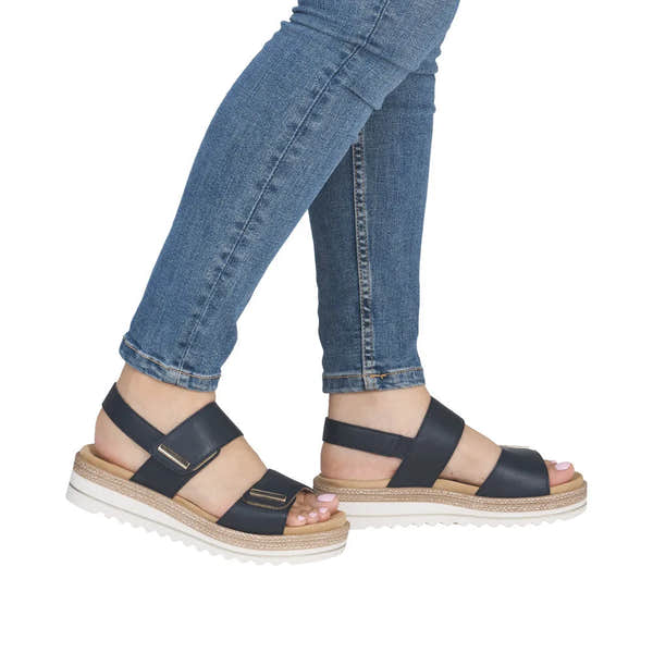 Remonte Ladies Pacific Navy Leather Touch Fastening Sandals with chunky sole and adjustable straps.