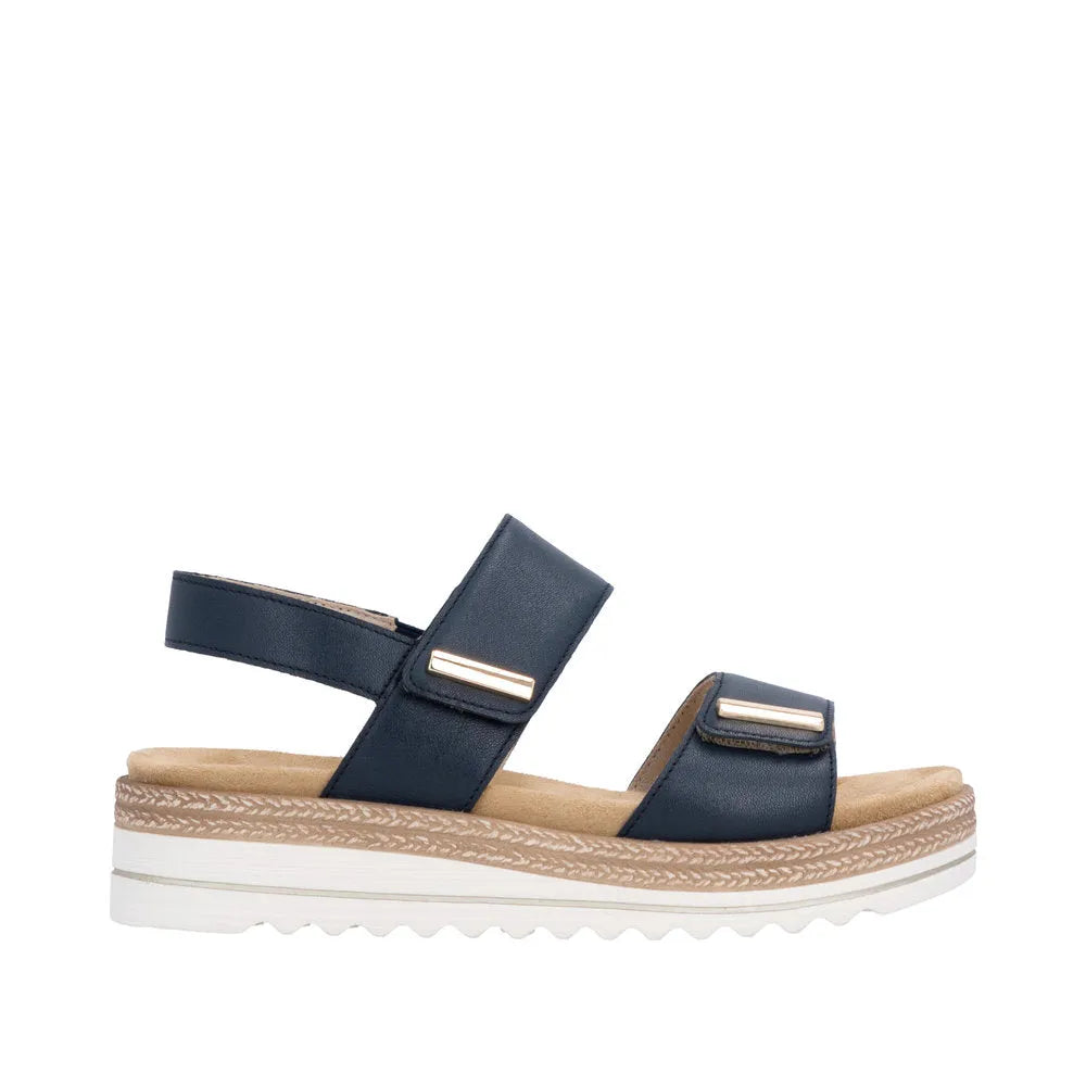 Remonte D0Q59-14 women's navy leather touch-fastening sandals with cushioned footbed and chunky sole.