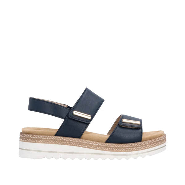 Remonte D0Q59-14 women's navy leather touch-fastening sandals with cushioned footbed and chunky sole.