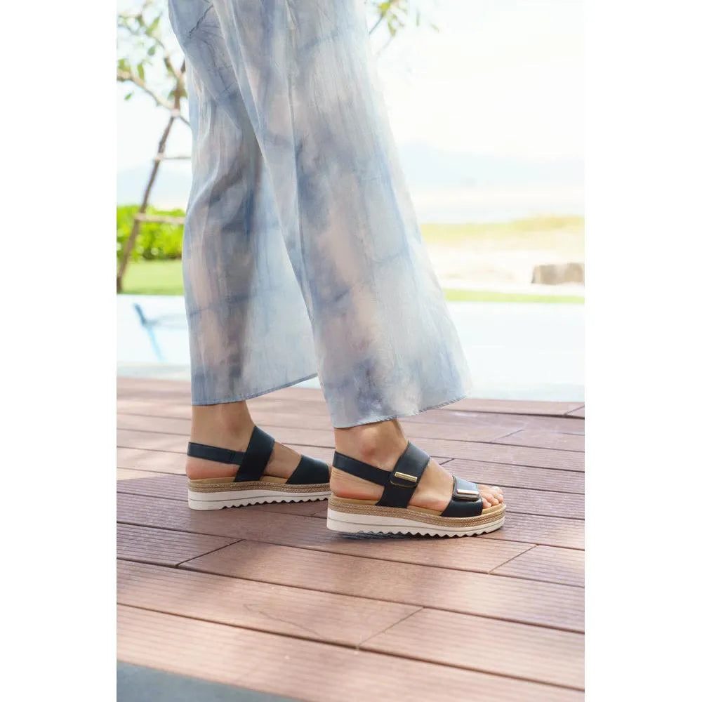 Remonte D0Q59-14 ladies navy leather sandals with touch fastening, chunky wedge sole, open toe and ankle straps.