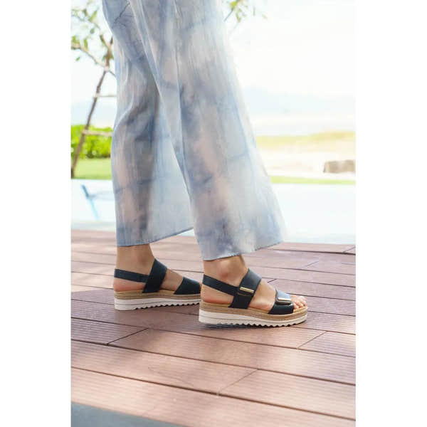 Remonte D0Q59-14 ladies navy leather sandals with touch fastening, chunky wedge sole, open toe and ankle straps.