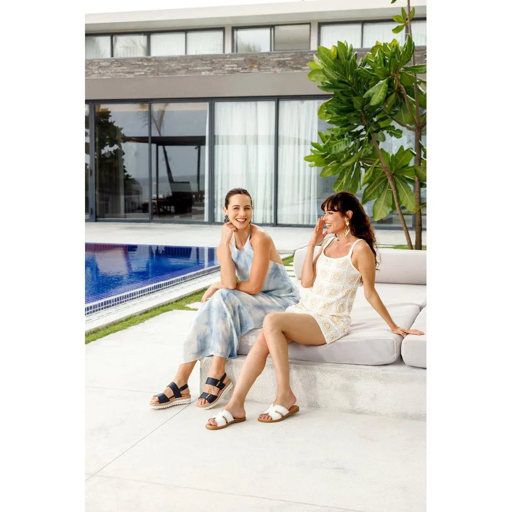 Remonte D0Q59-14 Ladies Pacific Navy Leather Touch Fastening Sandals, stylish open-toe summer footwear on two women by poolside.