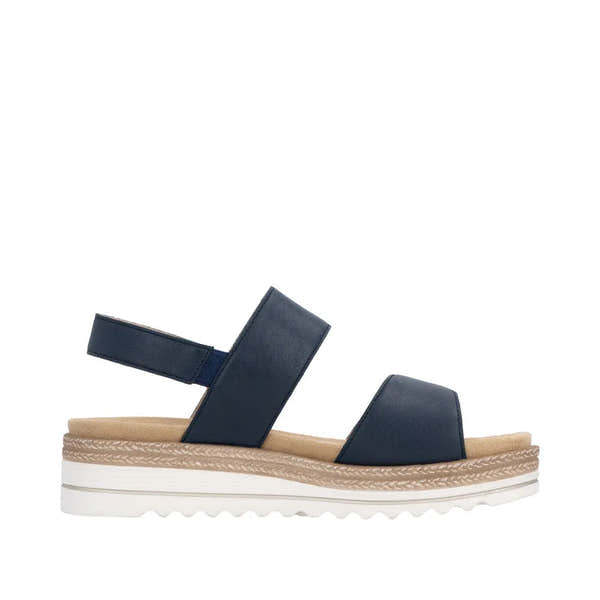 Remonte D0Q59-14 women's navy leather casual sandals with touch-fastening straps, cushioned insole, and white patterned platform sole.