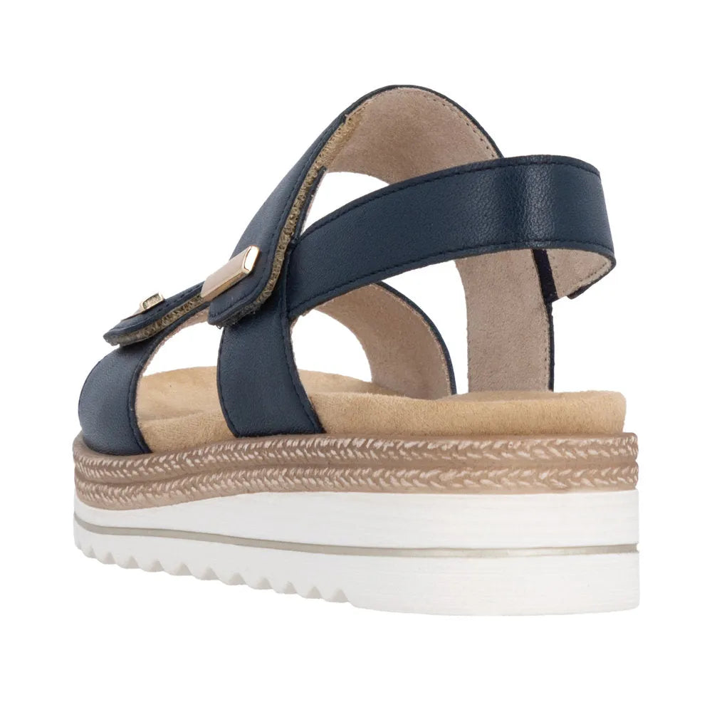 Remonte D0Q59-14 Ladies Pacific Navy Leather Touch Fastening Sandals with cushioned footbed and platform sole.