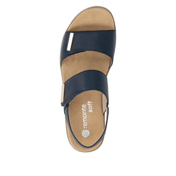 Remonte Ladies Pacific Navy Leather Touch Fastening Sandals with two wide straps and metallic accents.