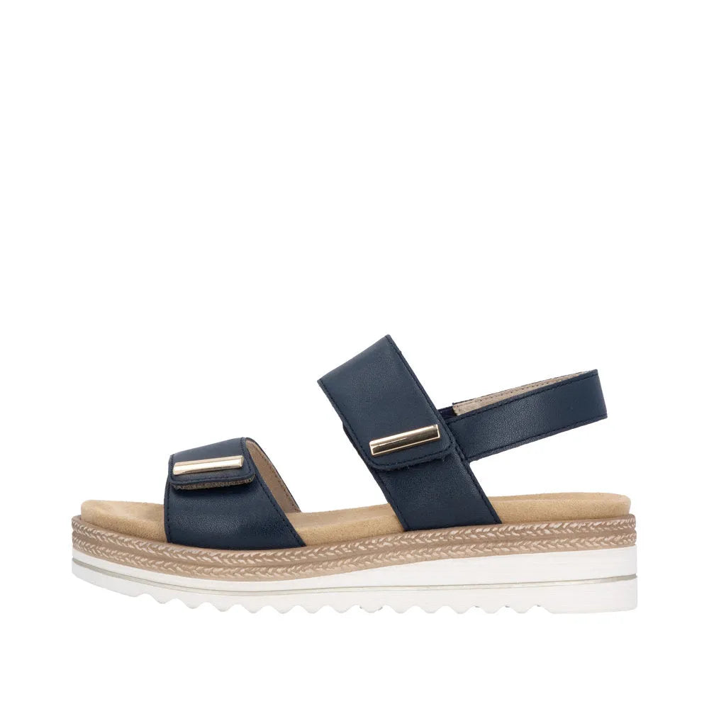 Remonte Ladies Pacific Navy Leather Touch Fastening Sandals with cushioned sole and chunky white and beige sole outsole.