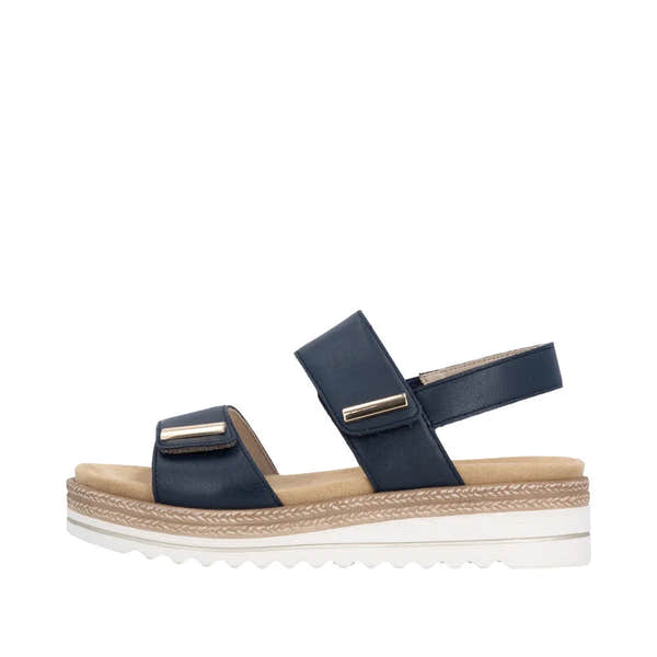 Remonte Ladies Pacific Navy Leather Touch Fastening Sandals with cushioned sole and chunky white and beige sole outsole.