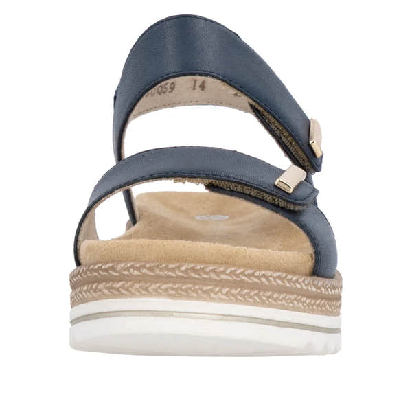 Remonte D0Q59-14 ladies navy leather touch-fastening sandals with cushioned beige insole and platform sole.