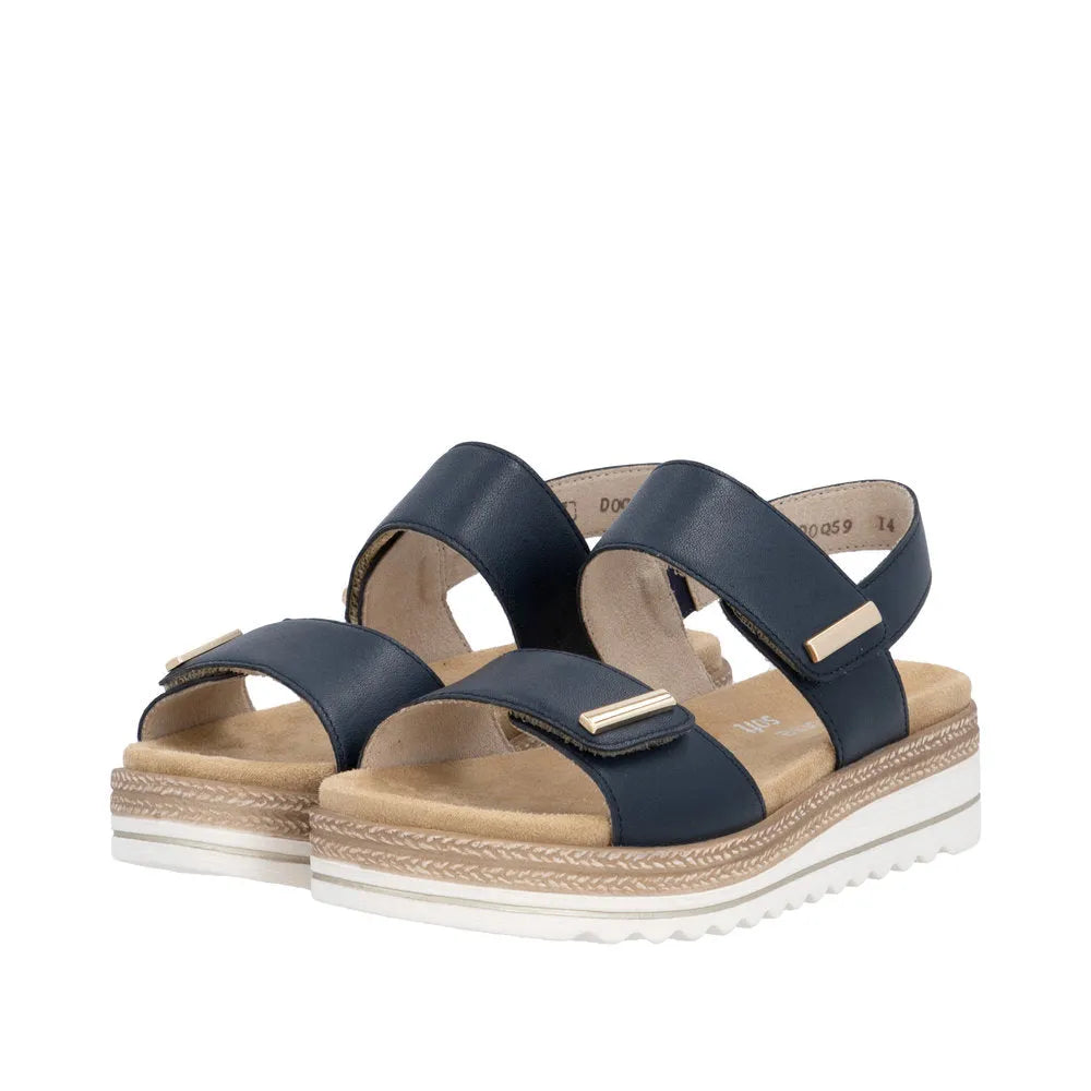 Remonte D0Q59-14 Ladies Navy Leather Touch Fastening Sandals with cushioned insole and chunky white sole.