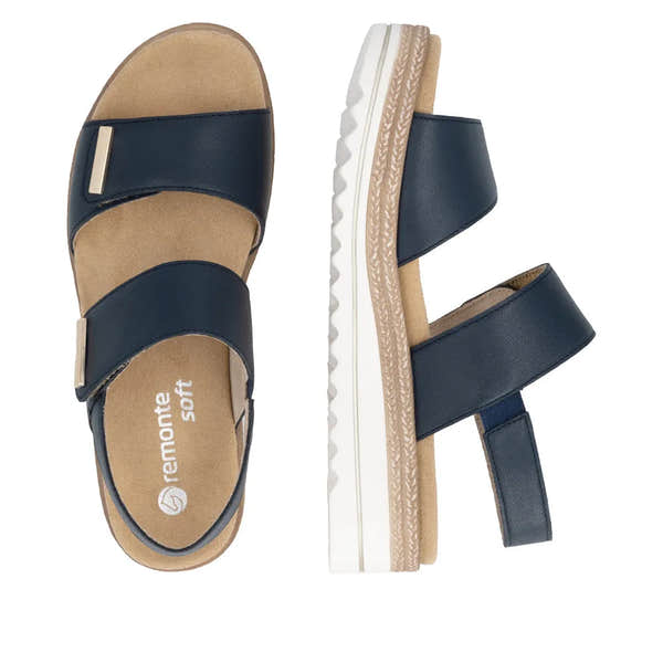Remonte D0Q59-14 Ladies Navy Leather Sandals with touch fastenings and cushioned insoles.