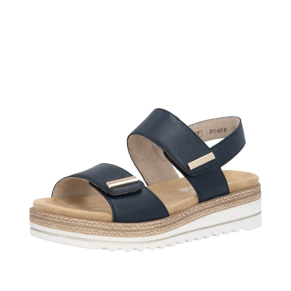 Remonte Ladies Navy Leather Touch Fastening Sandals with cushioned insole and woven platform sole.