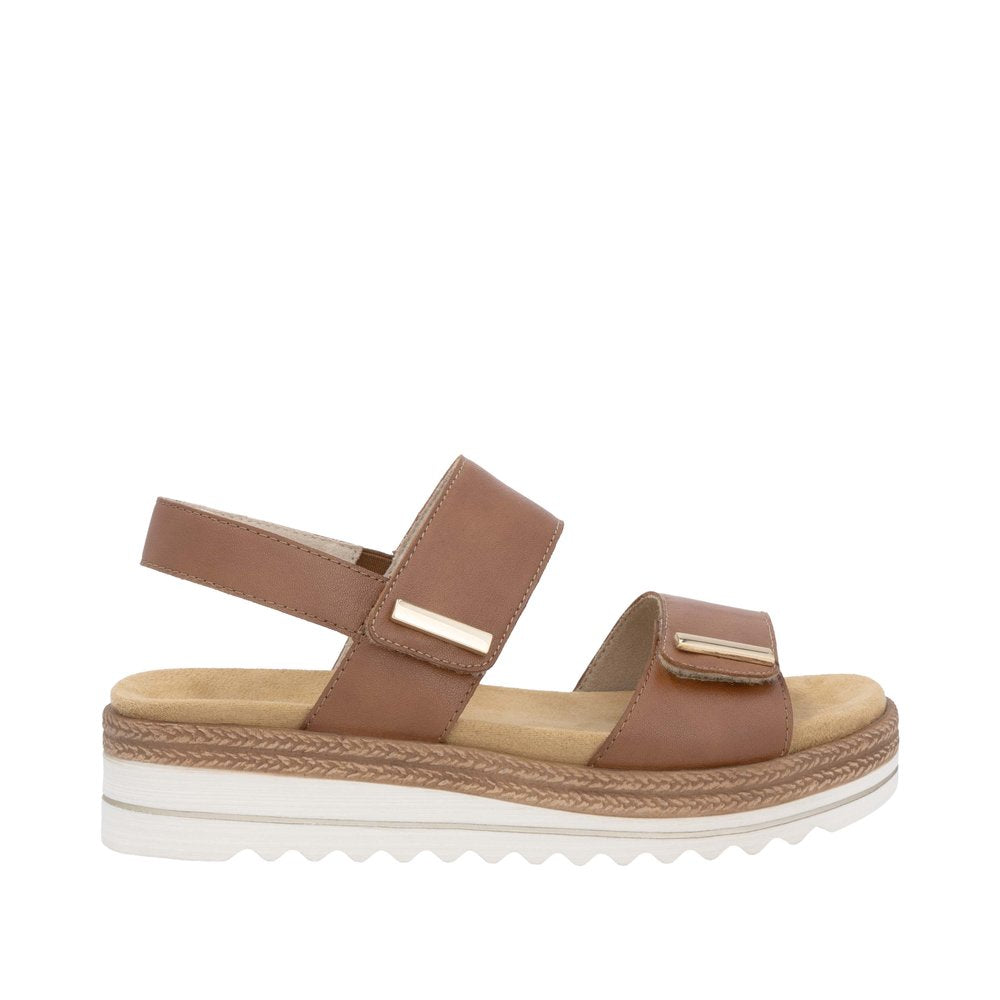 Remonte D0Q59-24 women's brown leather touch-fastening sandals with cushioned insole and chunky white sole.