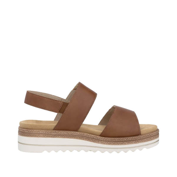Remonte D0Q59-24 women's brown leather touch fastening sandals with cushioned insole and chunky white sole.