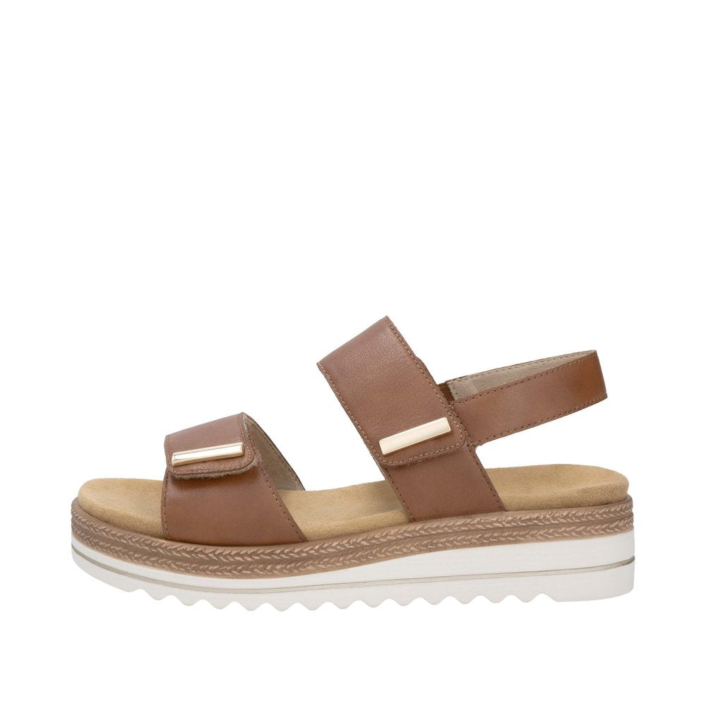 Remonte women's brown leather touch-fastening sandals with adjustable straps and cushioned insole.
