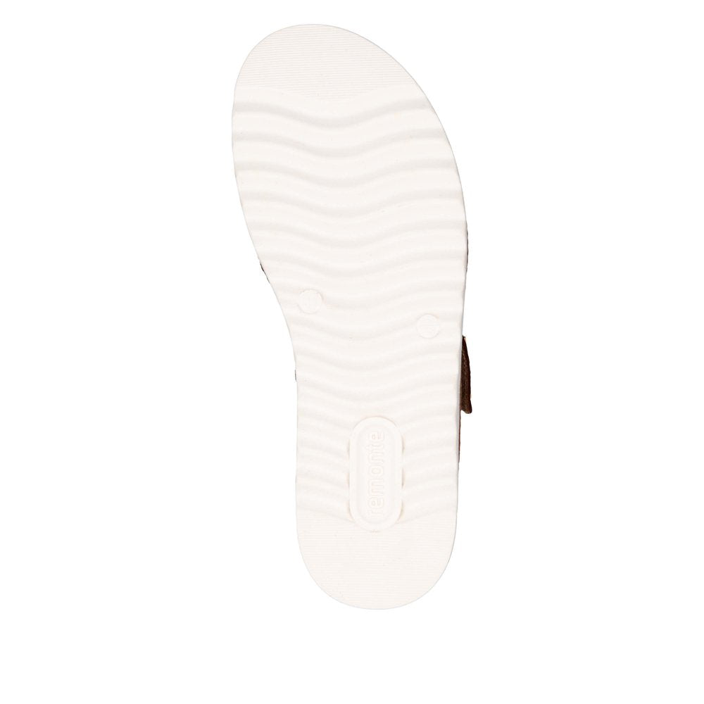 Remonte women's brown leather touch fastening sandals with textured white sole, open toe, and adjustable strap for comfort.