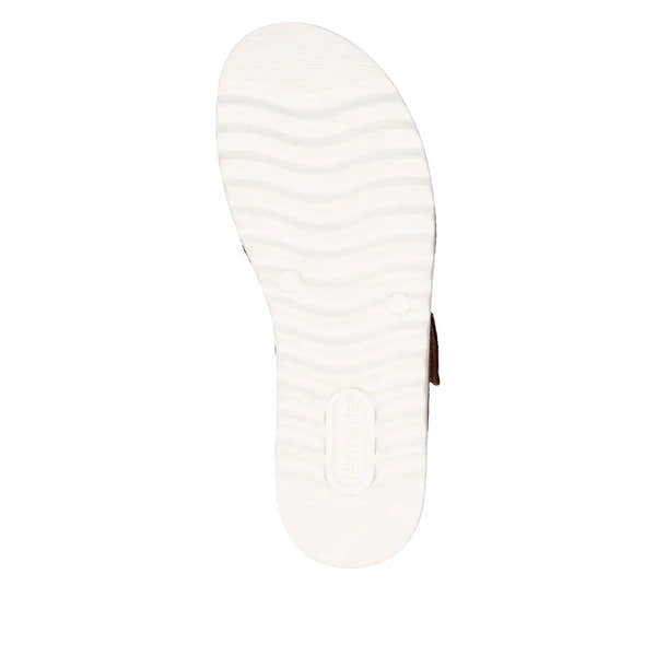 Remonte women's brown leather touch fastening sandals with textured white sole, open toe, and adjustable strap for comfort.