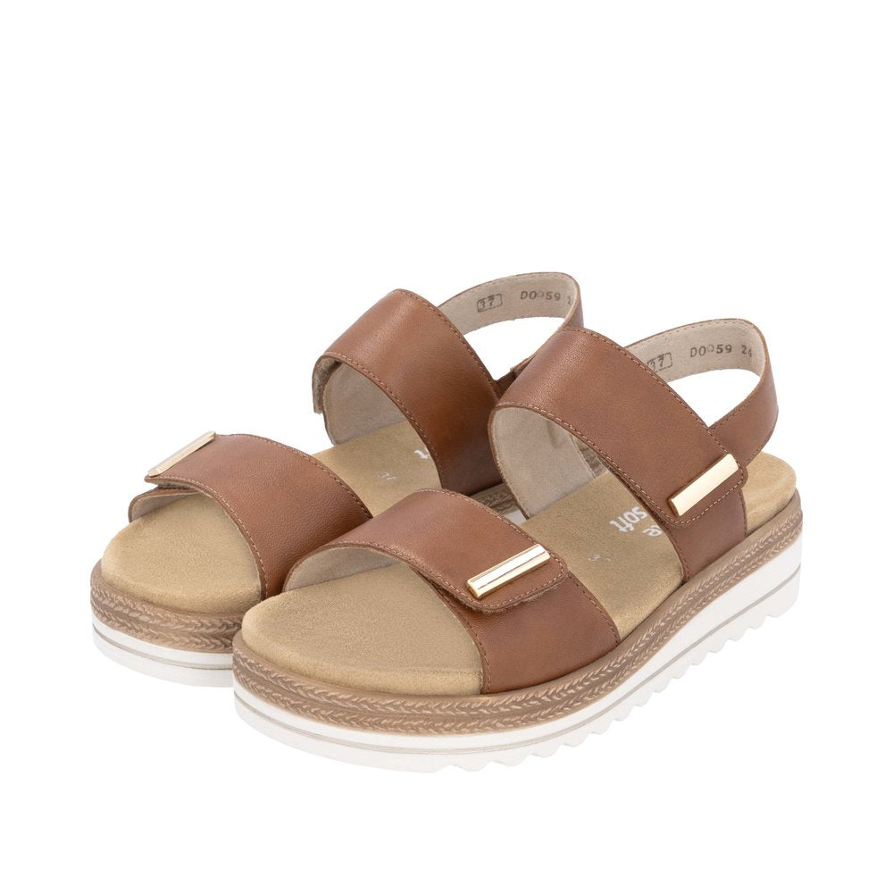 Remonte ladies brown leather sandals with touch fastening straps and cushioned beige footbed.