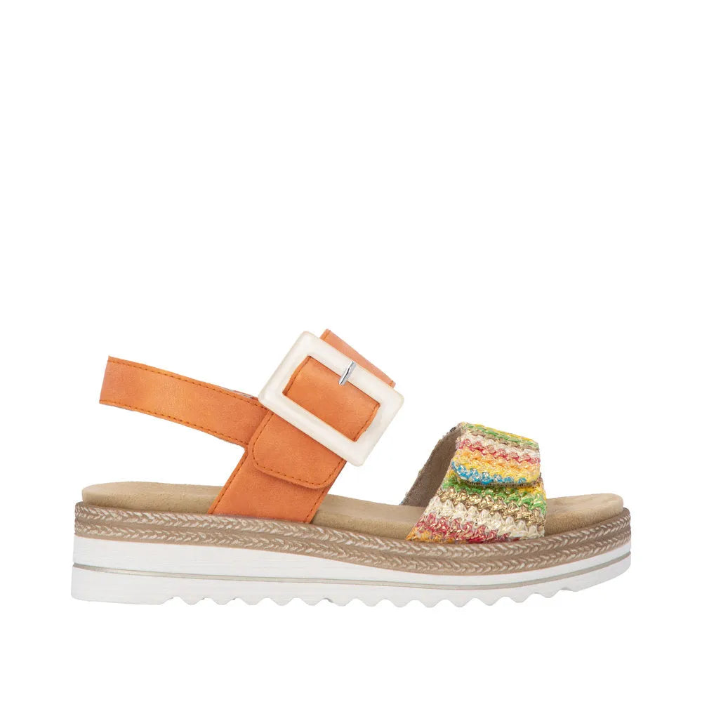 Remonte D0Q62-38 women's gold and orange touch fastening sandals with colorful woven strap, cushioned sole, and chunky white platform heel.