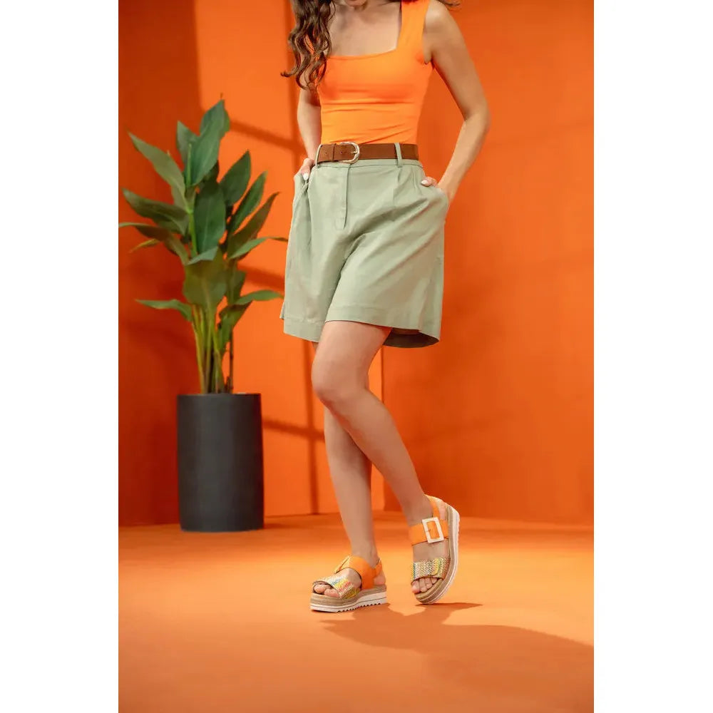 Remonte D0Q62-38 women's gold and orange touch fastening sandals with chunky sole, worn with beige shorts and orange top.