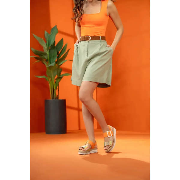Remonte D0Q62-38 women's gold and orange touch fastening sandals with chunky sole, worn with beige shorts and orange top.